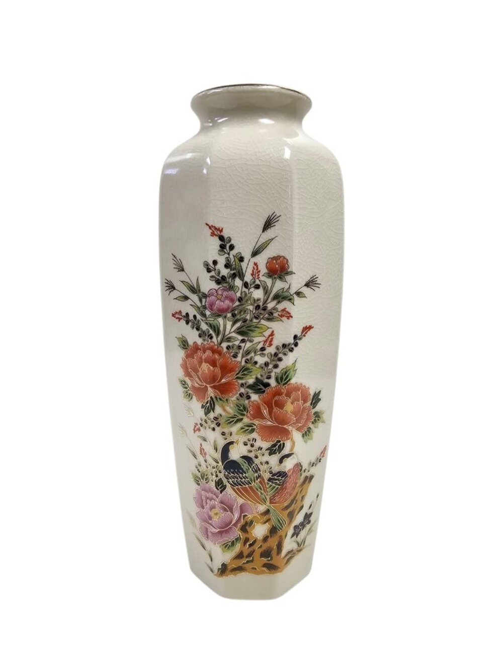Bijutsu Toki Japanese Satsuma-style peonies and birds octagonal ceramic vase